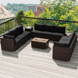 Tangkula 12 Pieces Patio Wicker Sectional Sofa Set with 40,000 BTU Propane Fire Pit Table & Tank Holder
