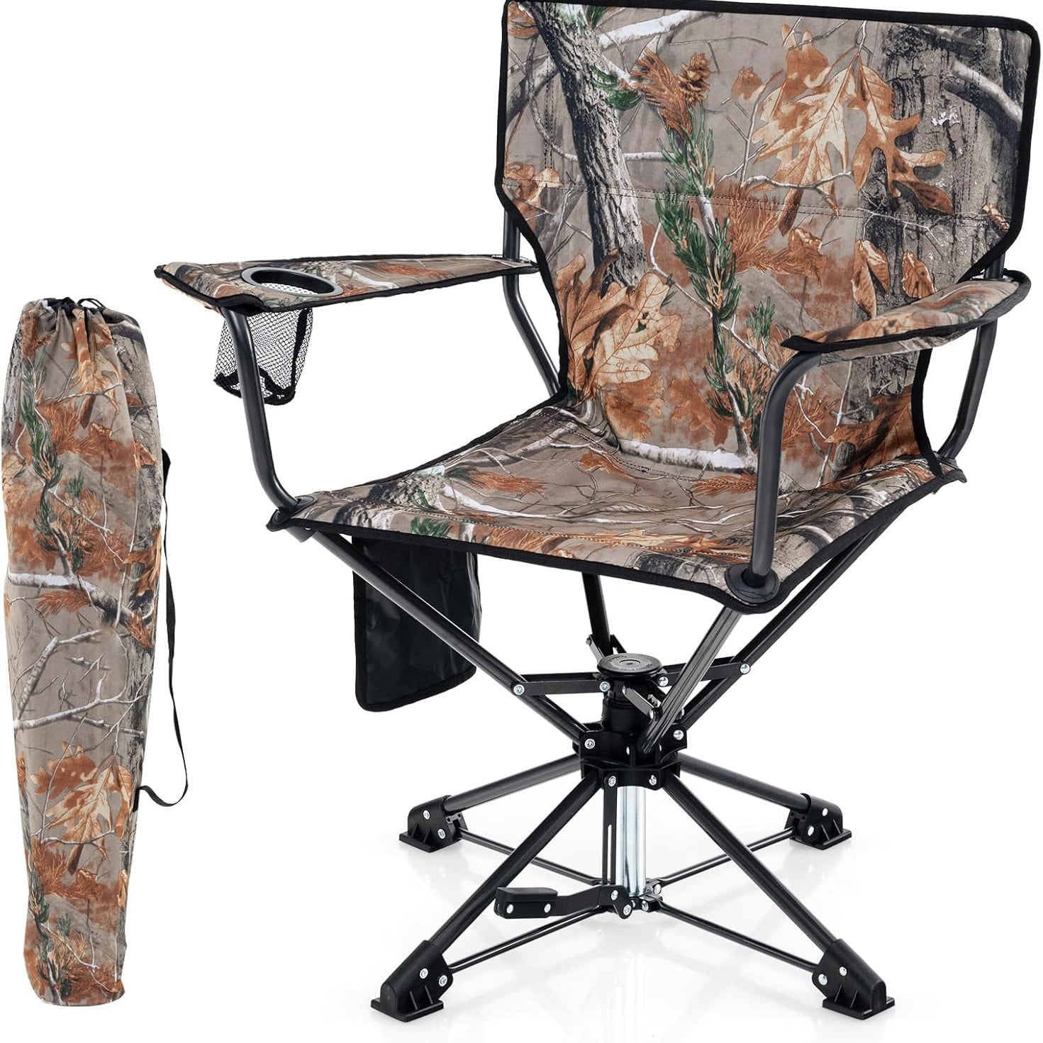 Tangkula Swivel Camping Chair, Portable Lawn Chair with Cup Holder, Storage Pocket, Carrying Bag