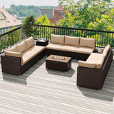 Tangkula 12 Pieces Patio Wicker Sectional Sofa Set with 40,000 BTU Propane Fire Pit Table & Tank Holder