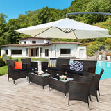 Tangkula 4-PCS or 8-PCS Patio Rattan Conversation Set, Outdoor Wicker Furniture Set with Tempered Glass Coffee Table &Thick Cushion