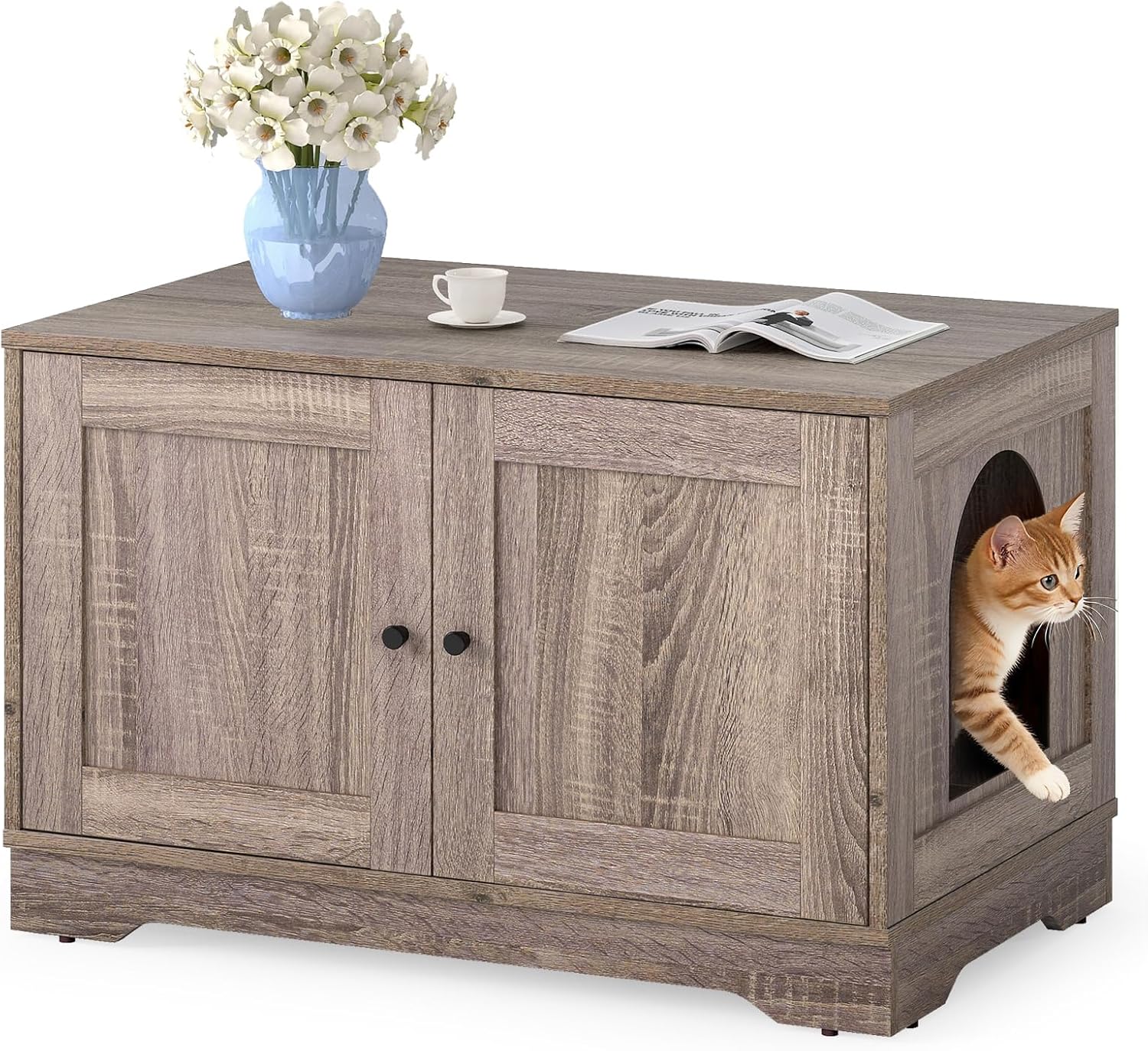 Tangkula Cat Litter Box Enclosure Furniture Indoor Wooden Cat House End Side Table Nightstand