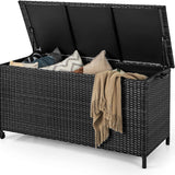 Tangkula Rattan Deck Box, 85 Gallon Storage Container with Waterproof Liner, Wheels & Gas Strut