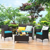 Tangkula 4-PCS or 8-PCS Patio Rattan Conversation Set, Outdoor Wicker Furniture Set with Tempered Glass Coffee Table &Thick Cushion