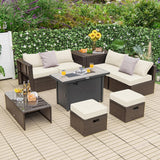 Tangkula 9 Pieces Patio 42” Propane Fire Pit Table Set, PE Wicker Space-Saving Set with Storage Box and Cushions, 60,000 BTU Fire Pit Table