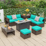 Tangkula 9 Pieces Patio 42” Propane Fire Pit Table Set, PE Wicker Space-Saving Set with Storage Box and Cushions, 60,000 BTU Fire Pit Table