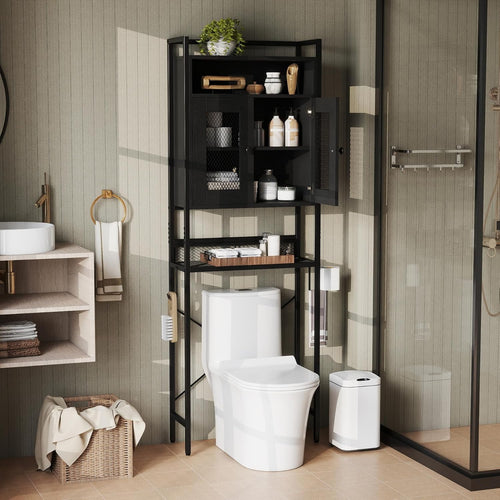 Tangkula Over The Toilet Storage Cabinet, 5-Tier Bathroom Space Saver w/2 Metal Mesh Doors & 3-Position Adjustable Shelf