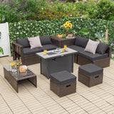Tangkula 9 Pieces Patio 42” Propane Fire Pit Table Set, PE Wicker Space-Saving Set with Storage Box and Cushions, 60,000 BTU Fire Pit Table