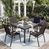 Tangkula Stackable Patio ChairsOutdoor Breathable Fabric Dining Chairs with High Backs and Wood-Plastic Armrests for Backyard