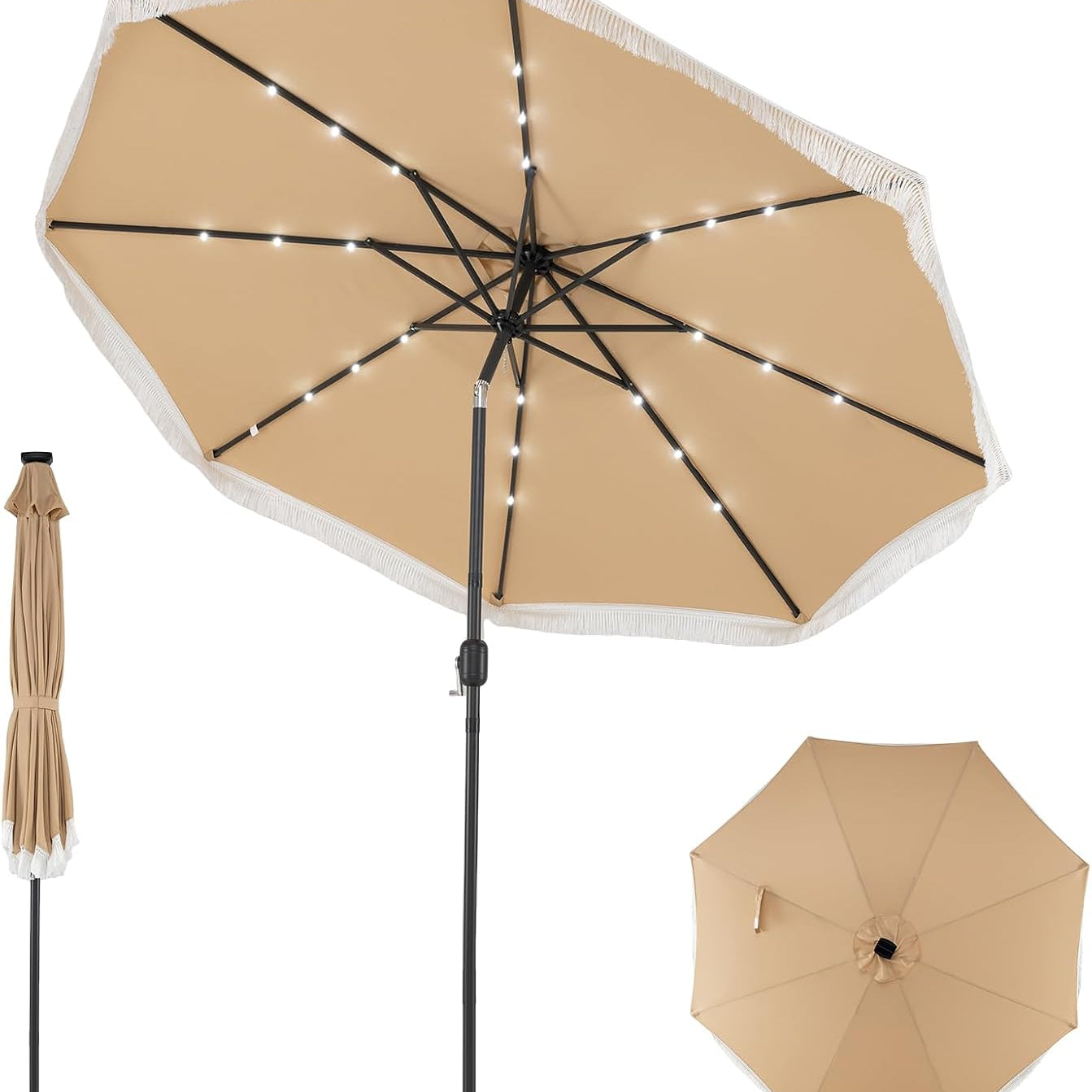 Tangkula 10 FT Solar Patio Umbrella with Fringe