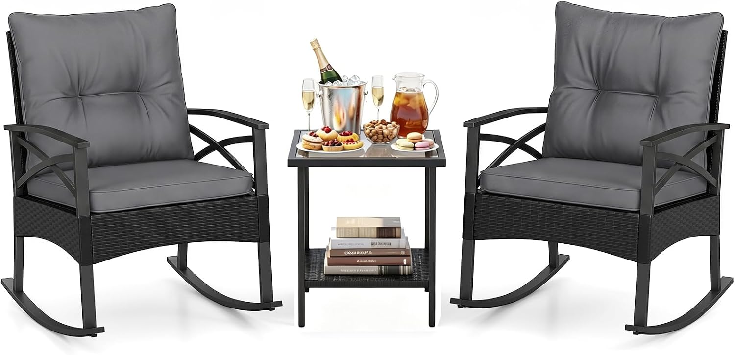 Tangkula 3 Pieces Outdoor Rocking Chairs Set Rattan Heavy Duty Cushioned Rocker Chairs