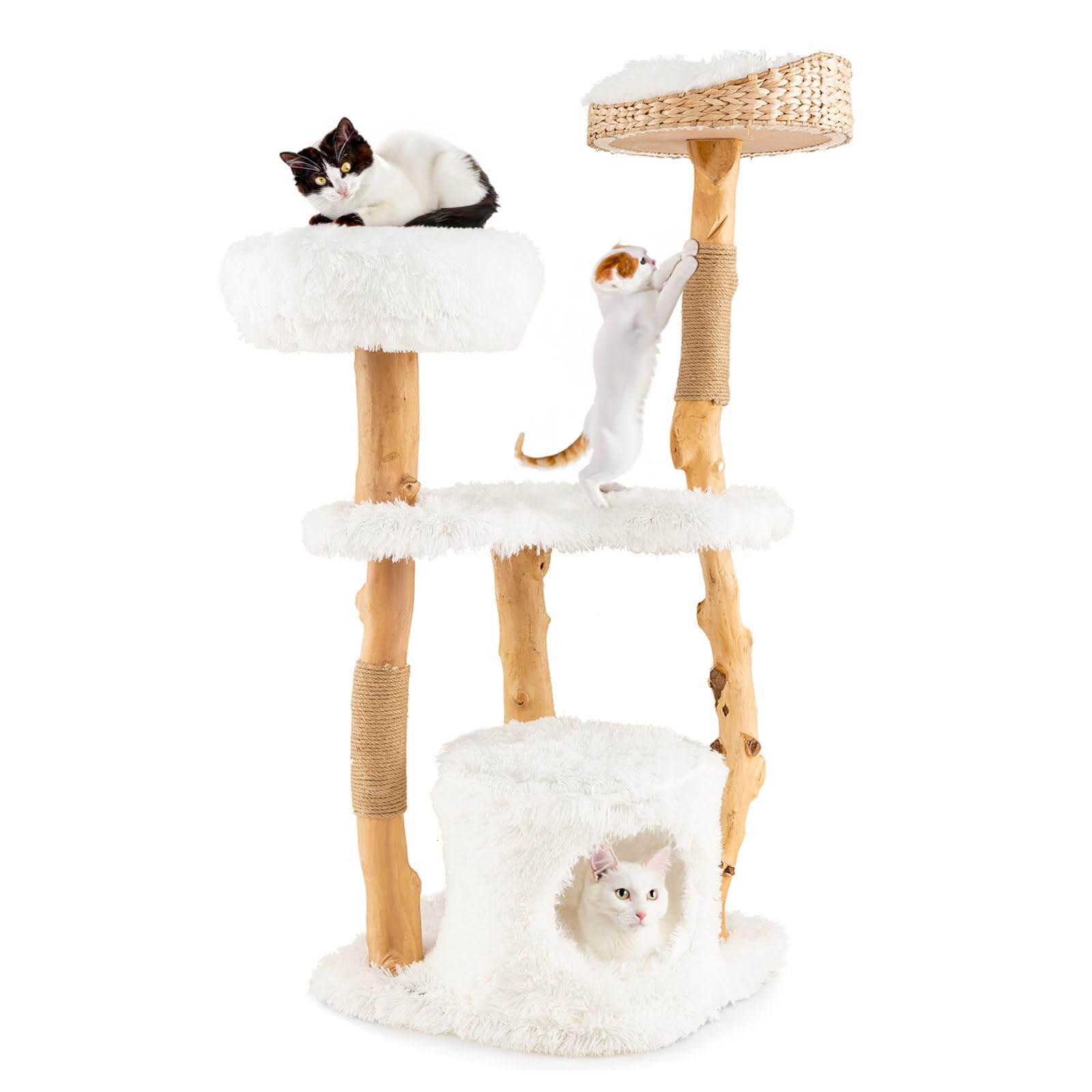 Tangkula Cat Tree for Indoor Cats, Solid Wood Modern Cat Tower with Top Cattail Basket Cat Bed