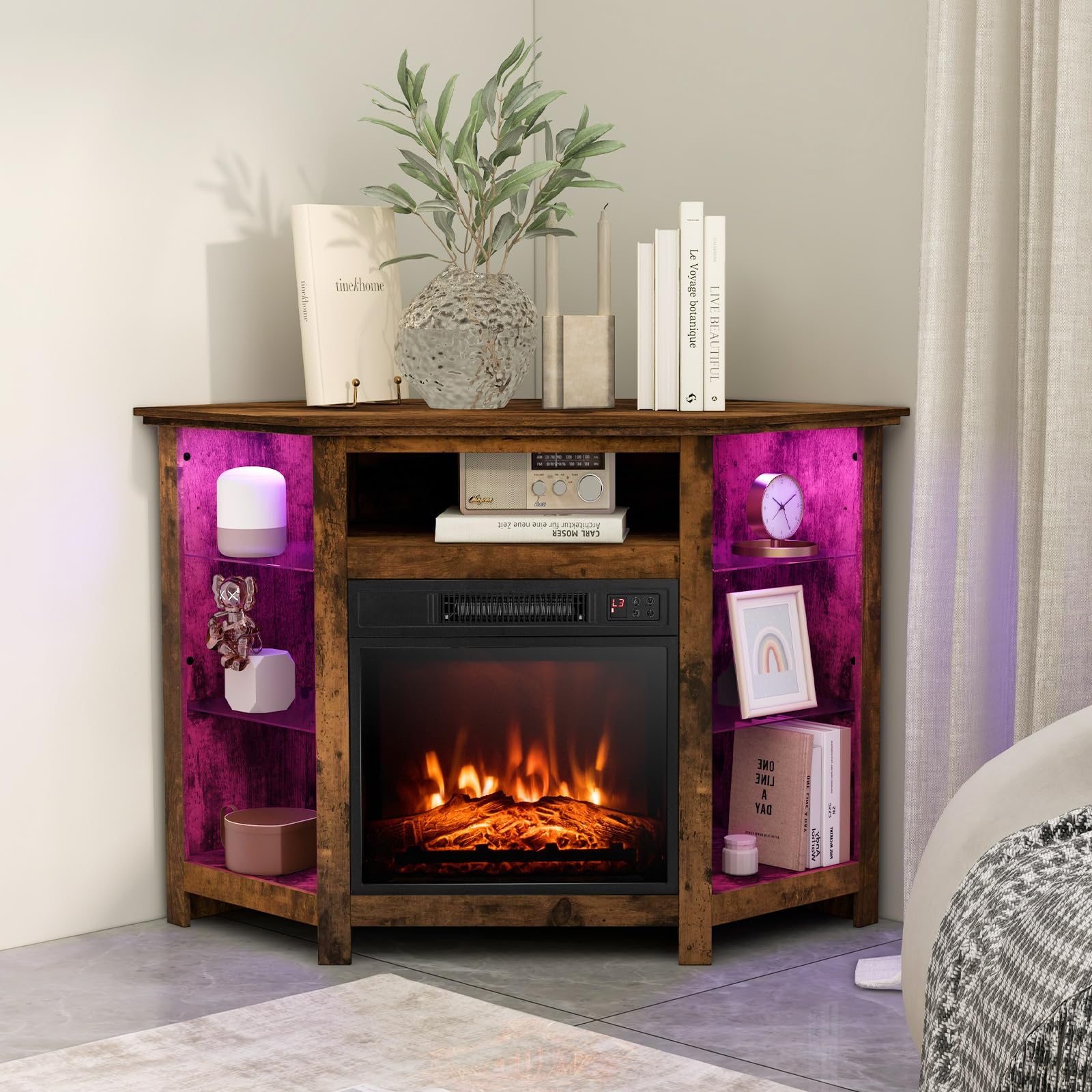Tangkula Fireplace Corner TV Stand with LED Lights & Smart APP Control for 50 Inches TV