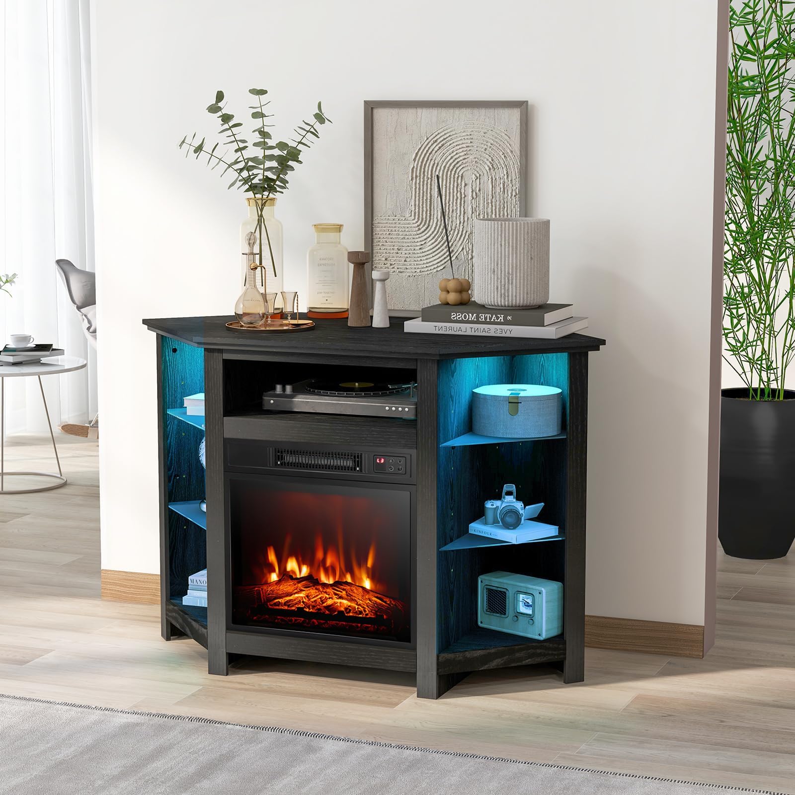 Tangkula Fireplace Corner TV Stand with LED Lights & Smart APP Control for 50 Inches TV