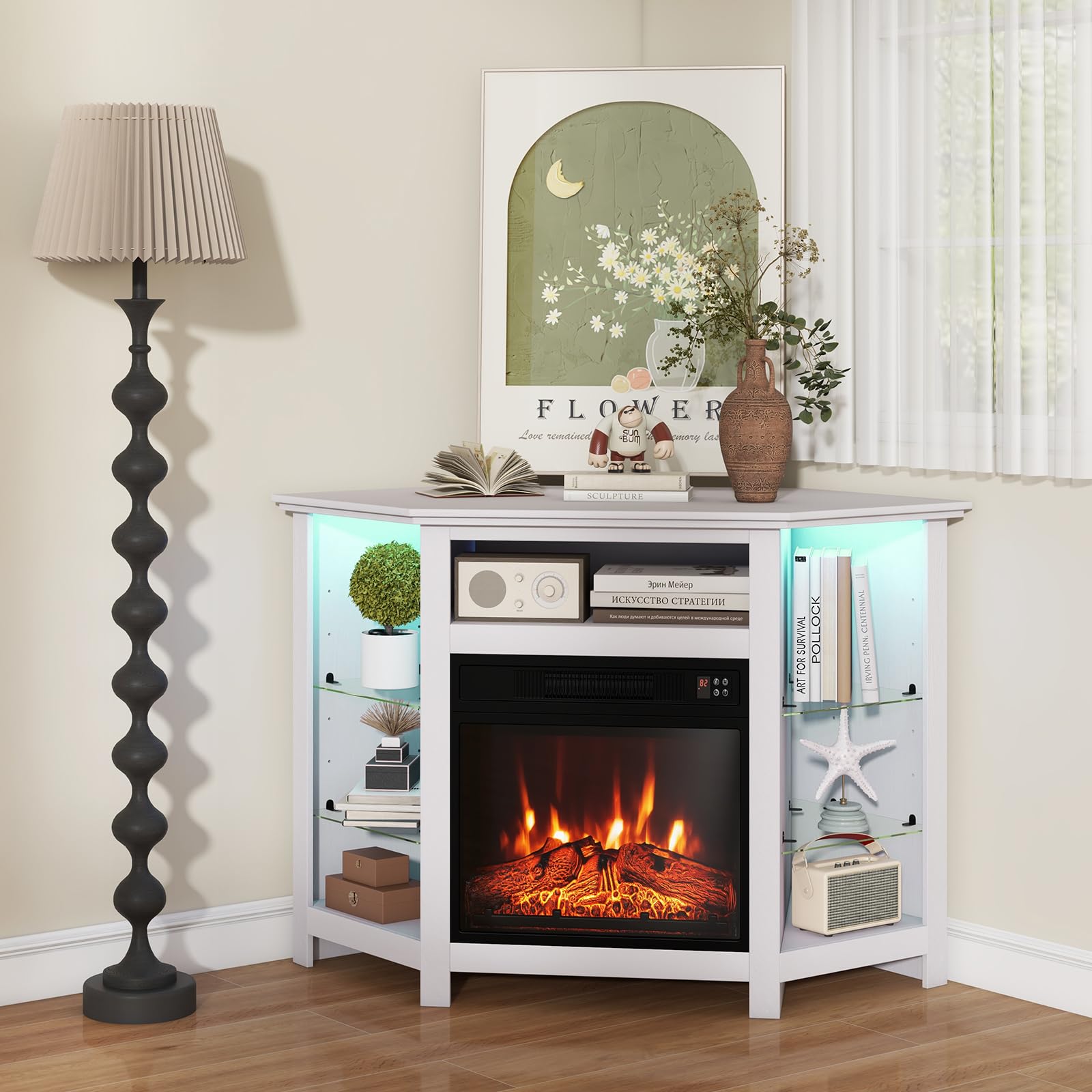 Tangkula Fireplace Corner TV Stand with LED Lights & Smart APP Control for 50 Inches TV