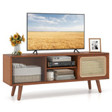 Tangkula Mid Century Modern TV Stand for TVs up to 55 Inch, Bamboo Entertainment Center w/PE Rattan & Tempered Glass Sliding Doors