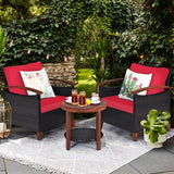 3 Pieces Patio Furniture Set, Outdoor Rattan Sofa and Side Table w/Solid Acacia Wood Frame