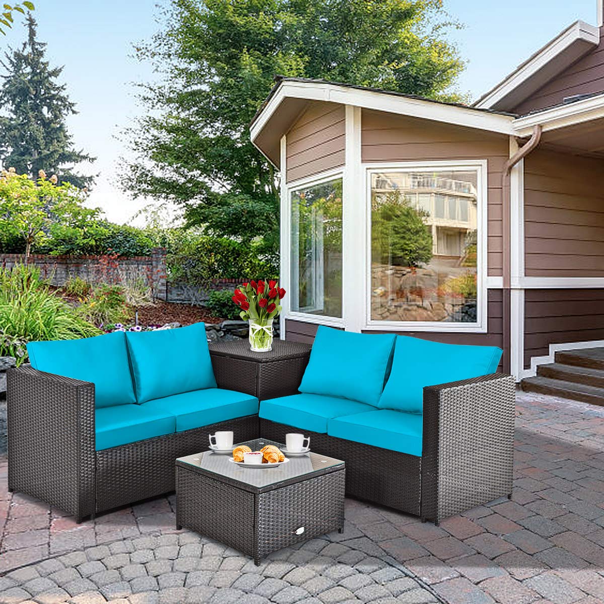 Tangkula Wicker Patio Set with Storage, All Weather-Proof Outdoor Conversation Set