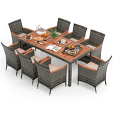 Tangkula 9 Pieces Patio Dining Set, Outdoor Acacia Wood & Rattan Furniture Set