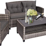 Tangkula 4 PCS Patio Wicker Conversation Furniture Set, Outdoor Rattan Sofa Set with Padded Cushion & Tempered Glass Coffee Table