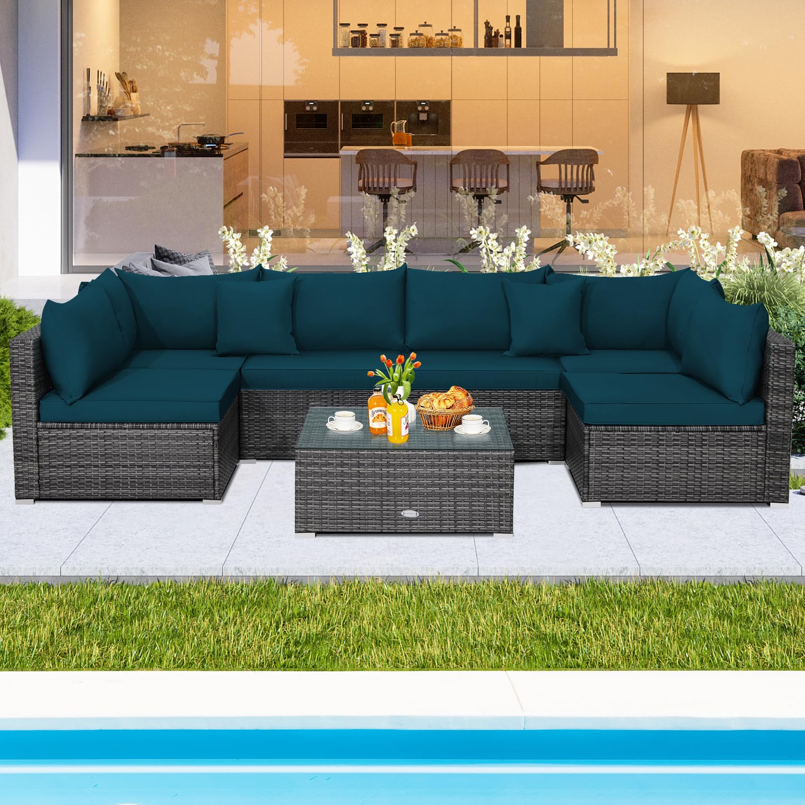 Tangkula 7 Piece Patio Wicker Furniture Set, Sofa Set for 6 with Seat, 2 Throw Pillows