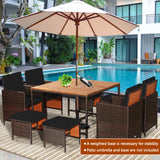 Tangkula 9 Pieces Acacia Wood Patio Dining Set, Space Saving Wicker Chairs and Wood Table with Umbrella Hole Outdoor Furniture Set