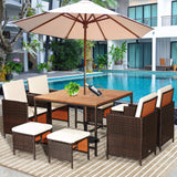 Tangkula 9 Pieces Acacia Wood Patio Dining Set, Space Saving Wicker Chairs and Wood Table with Umbrella Hole Outdoor Furniture Set