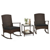 Tangkula 3 Pieces Rocking Wicker Bistro Set, Outdoor Front Porch Rocker Chairs Conversation Set