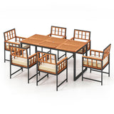 Tangkula 7 Pieces Patio Dining Set, Outdoor Acacia Wood Table and Chairs with Soft Cushions and Umbrella Hole