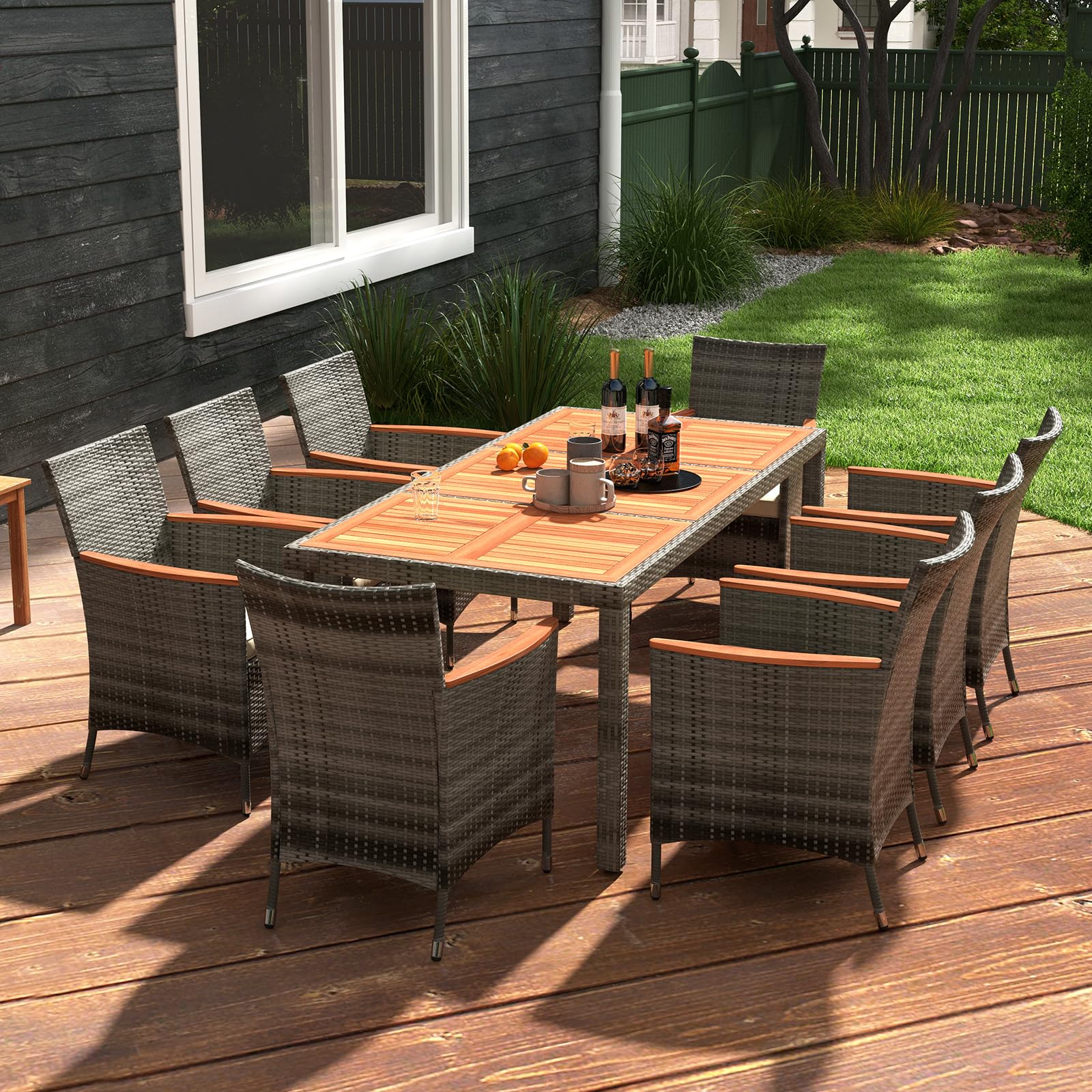Tangkula Pieces Patio Dining Set, Outdoor Acacia Wood Rattan