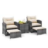 Tangkula 5 Piece Patio Rattan Furniture, Wicker Cushioned Chairs Set w/ 2 Ottomans & Tempered Glass Coffee Table