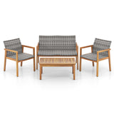 Tangkula 4 Pieces Outdoor Furniture Set, Acacia Wood Frame Sofa Set w/Rattan Seat & Back