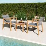Tangkula 3 Pieces Outdoor Furniture Set, Acacia Wood Frame Sofa Set w/Rattan Seat & Back