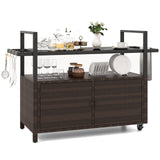 Tangkula Outdoor Bar Cart, Patiojoy Rolling Wicker Buffet Serving Cart with Tempered Glass Top