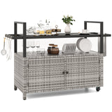 Tangkula Outdoor Bar Cart, Patiojoy Rolling Wicker Buffet Serving Cart with Tempered Glass Top