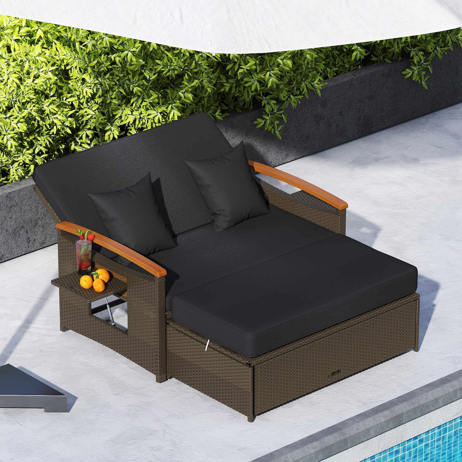 Tangkula Patio Rattan Daybed Set with Cushioned Loveseat and Storage Ottoman （Two Size)