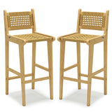 Tangkula Teak Wood Bar Chair, 30” Rattan Bar Stool with Backrest & Footrest