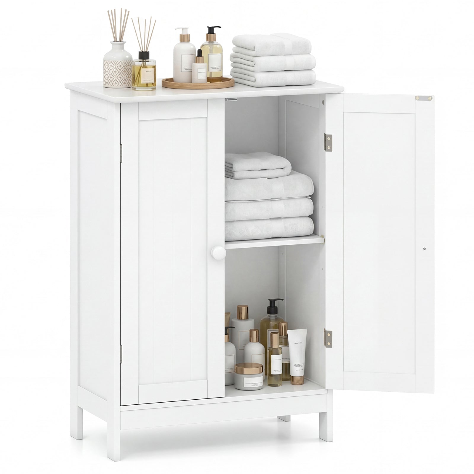 Tangkula Bathroom Floor Cabinet, Wooden Floor Storage Cabinet with Double Doors