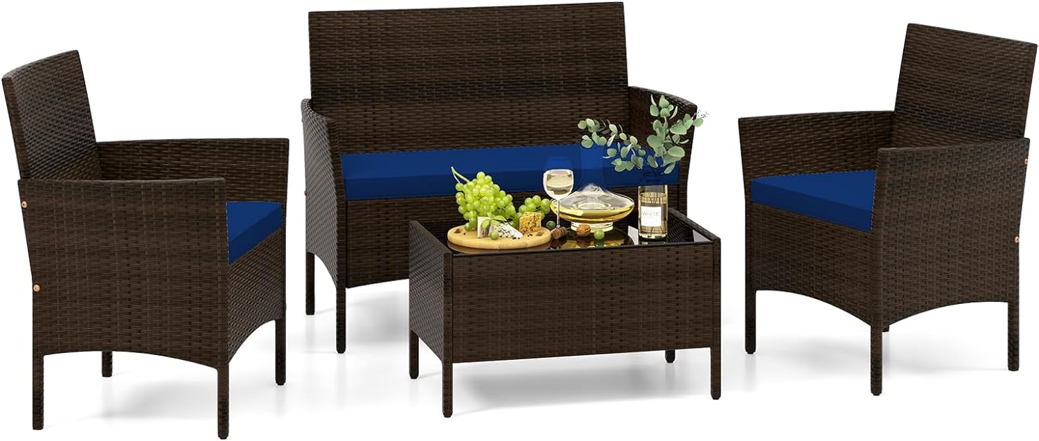 Tangkula 4/8 Piece Patio Rattan Conversation Set, Outdoor Wicker Furniture Set with Loveseat