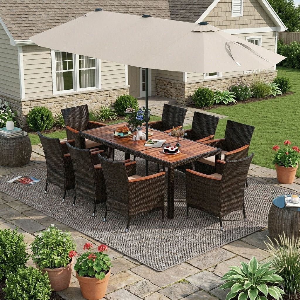 iwicker 15 ft double-sided patio umbrella Extra Large with Base Included, Double Sided Outdoor Rectangular Patio Umbrella with Crank Handle for Pool Garden Backyard, Beige Walsunny Suitable for Various Spaces ANGELES HOME 10-Piece Patio Wicker