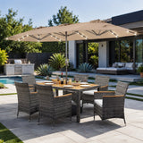 Tangkula 8 Pieces Rattan Outdoor Dining Set with 13Ft Solar Patio Umbrella