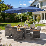 Tangkula 8 Pieces Rattan Outdoor Dining Set with 13Ft Solar Patio Umbrella