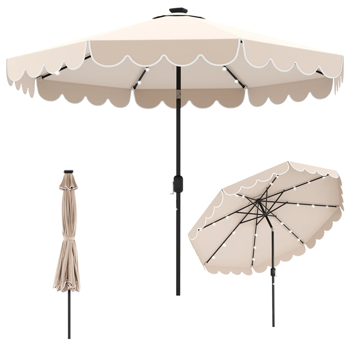 Tangkula 10FT Solar LED Patio Umbrella 2-Tiers Scalloped Outdoor Table Market Umbrella, Beige