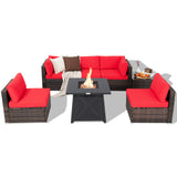 Tangkula 7 Piece Patio Furniture Set w/Fire Pit Table, Patiojoy Outdoor Rattan Conversation Sofa Set