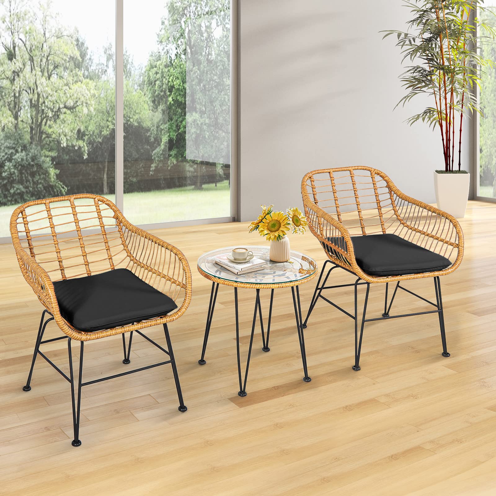 3 Pieces Patio Bistro Set, Rattan Conversation Set w/2 Armchairs & Glass Coffee Table