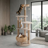Tangkula 65 Inch Tall Cat Tower with Jute Scratching Posts, Cattail Basket Bed