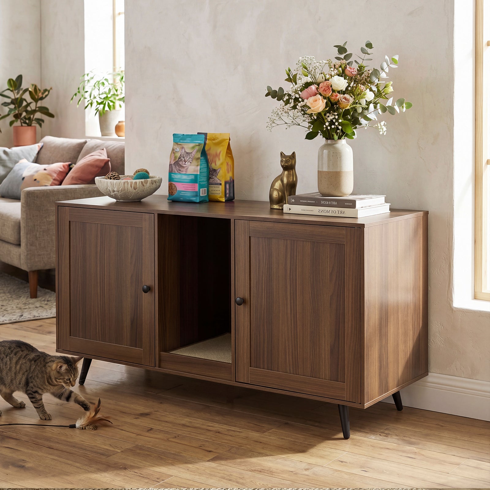 Tangkula Double Cat Litter Box Enclosure for 2 Cats, Large Stackable Hidden Privacy Cat Washroom Cabinet with Scratching Board