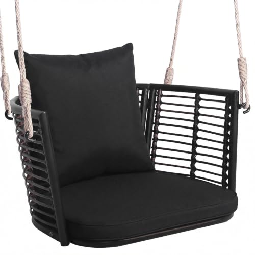 Tangkula Outdoor Metal Porch Swing | Single Person Hanging Seat w/Woven Rattan Backrest (1/2)