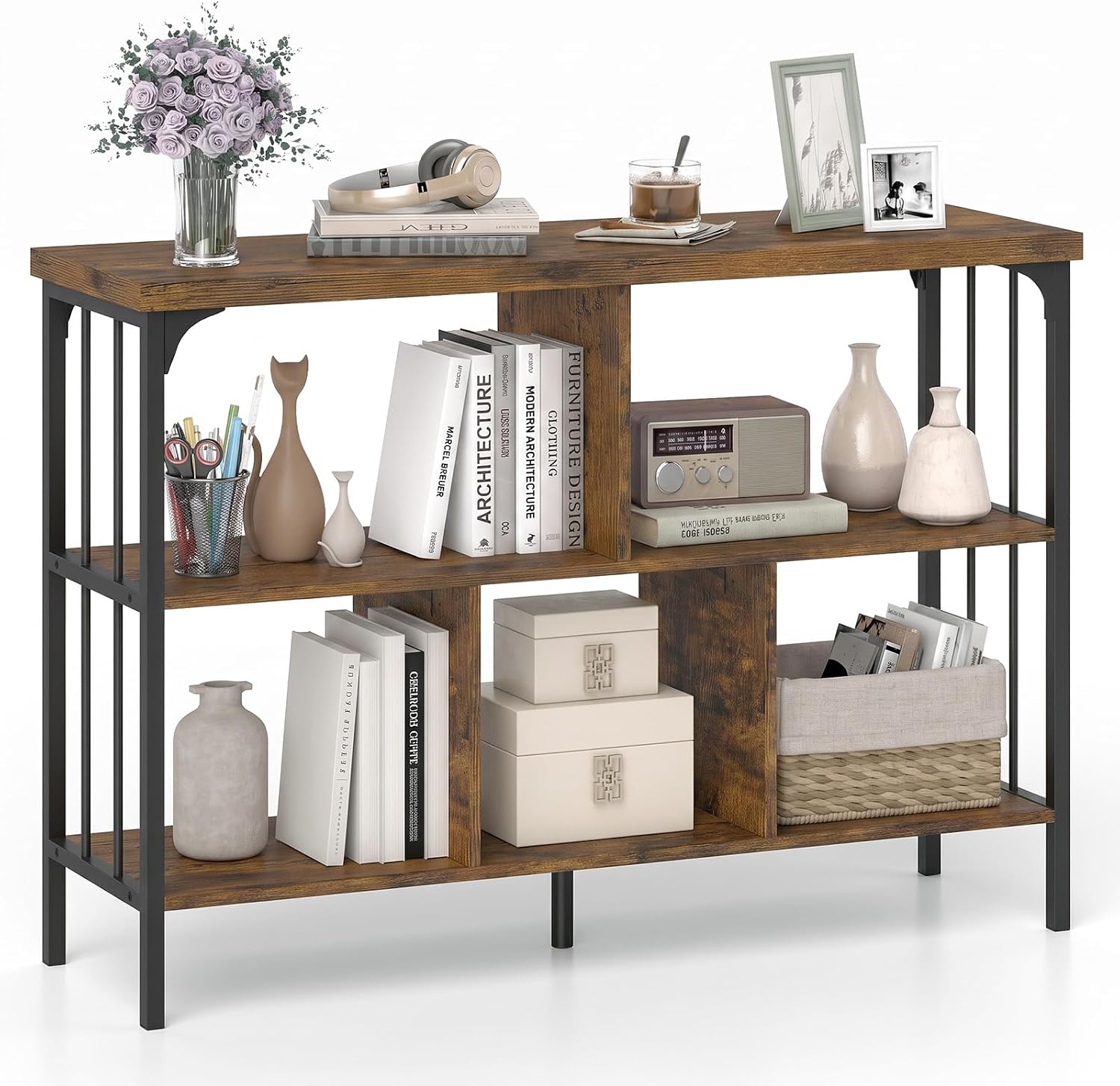 Tangkula 3-Tier Bookshelf|Horizontal Cubby Bookcase