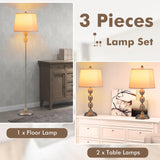 Tangkula 3-Piece Lamp Set, Floor Lamp and Table Lamp Combo Set with Metal Base and Fabric Shades