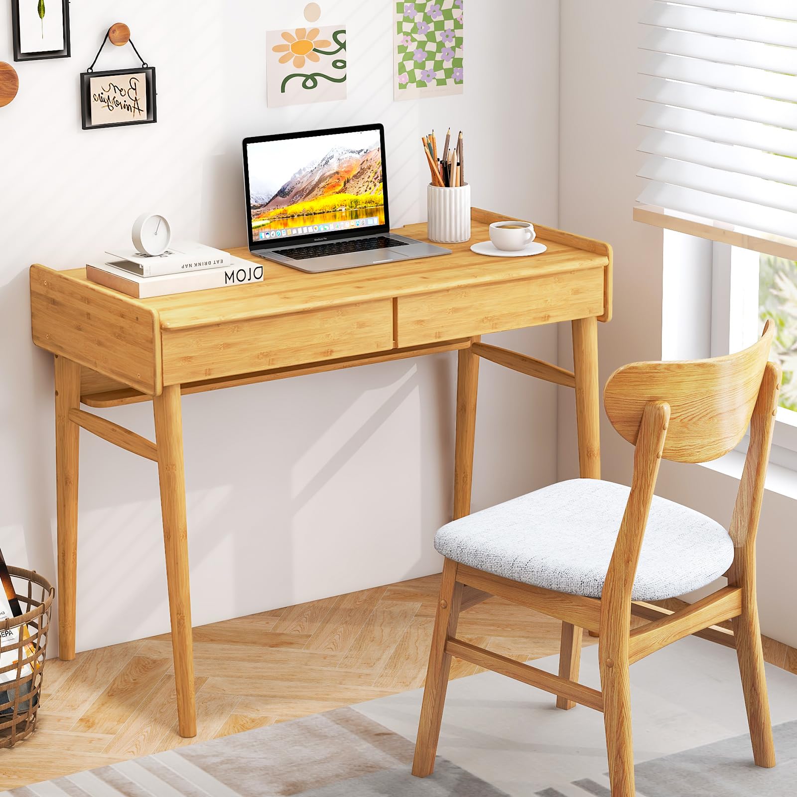 Tangkula Bamboo Computer Desk with 2 Storage Drawers – tangkula